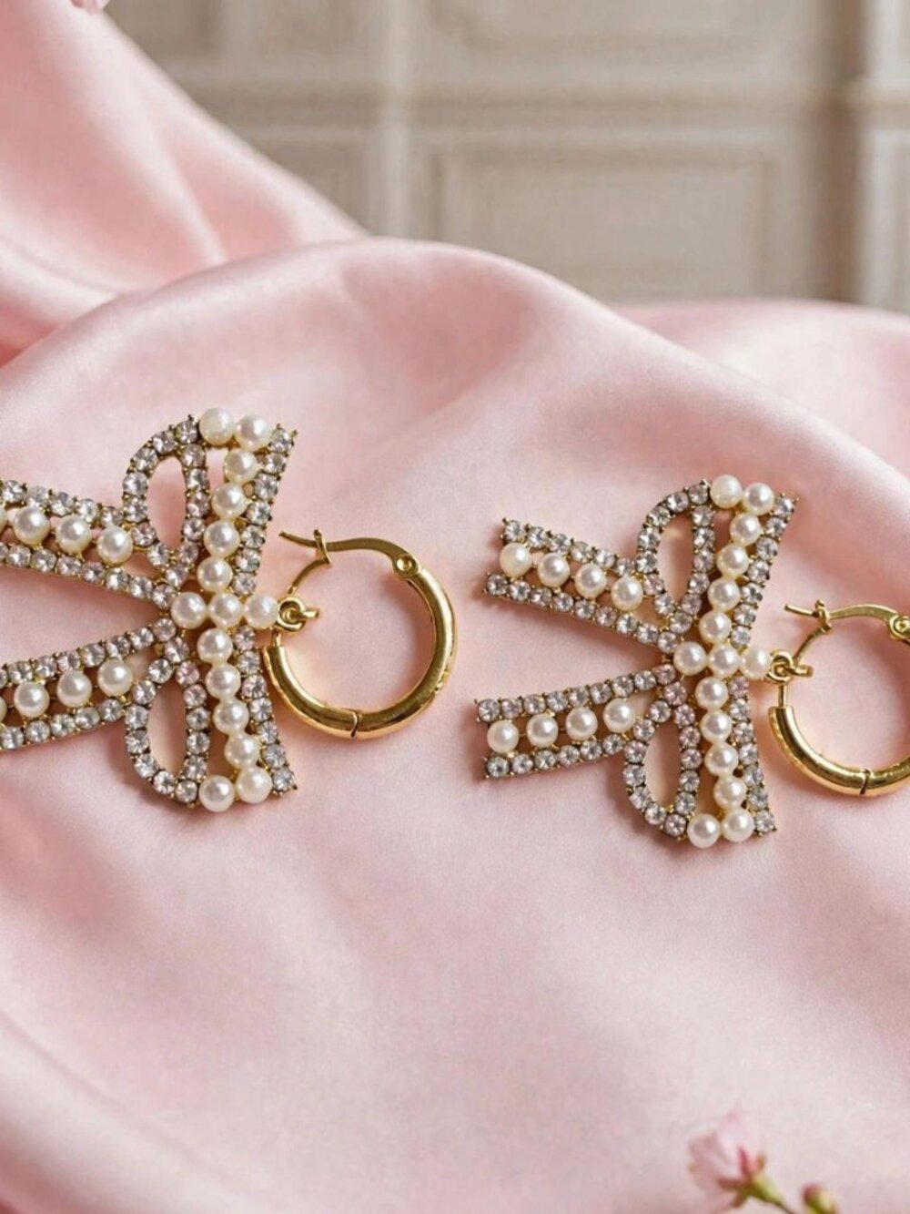 Pearl Crystal Bow Hoop Earrings Gold Huggie Dangle Bow Coquette Statement